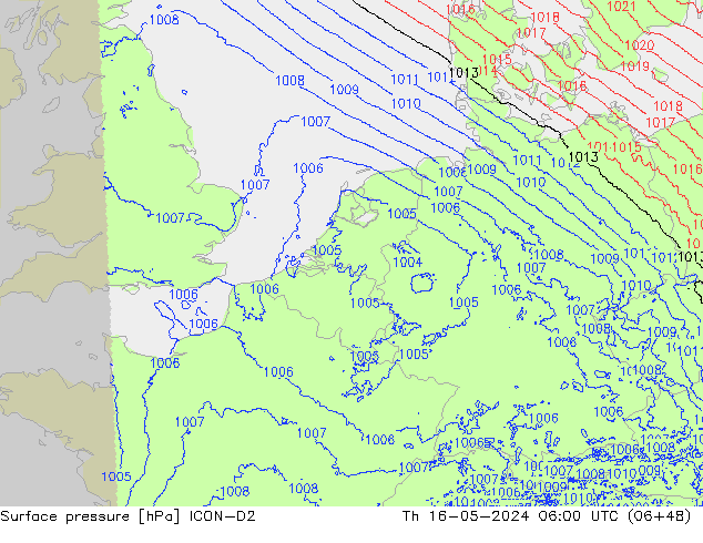 Surface pressure ICON-D2 Th 16.05.2024 06 UTC