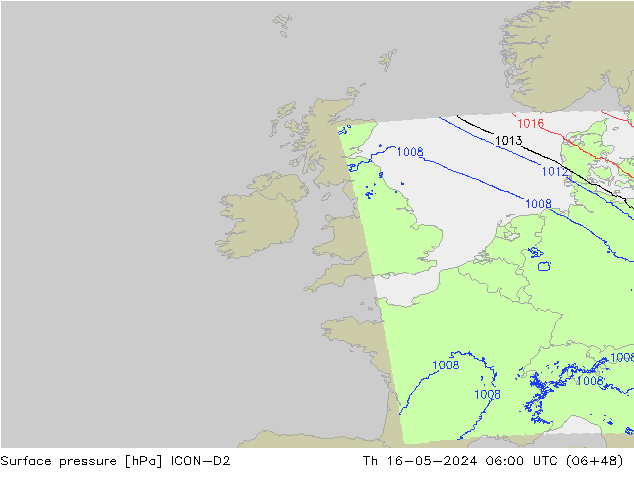 Presión superficial ICON-D2 jue 16.05.2024 06 UTC