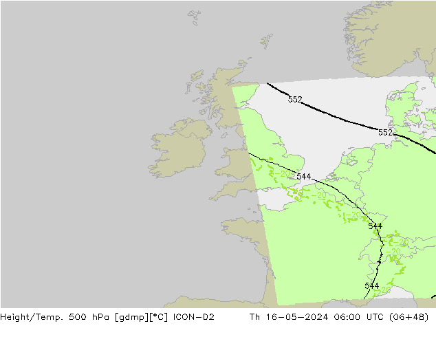 Height/Temp. 500 hPa ICON-D2 Čt 16.05.2024 06 UTC
