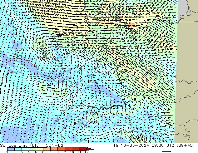Surface wind (bft) ICON-D2 Čt 16.05.2024 09 UTC