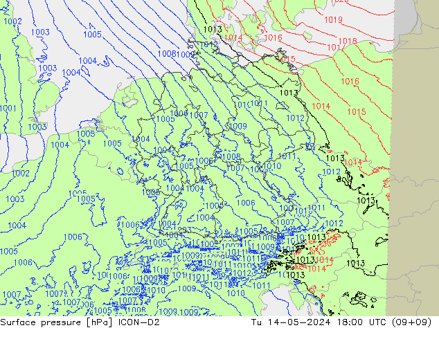 Atmosférický tlak ICON-D2 Út 14.05.2024 18 UTC