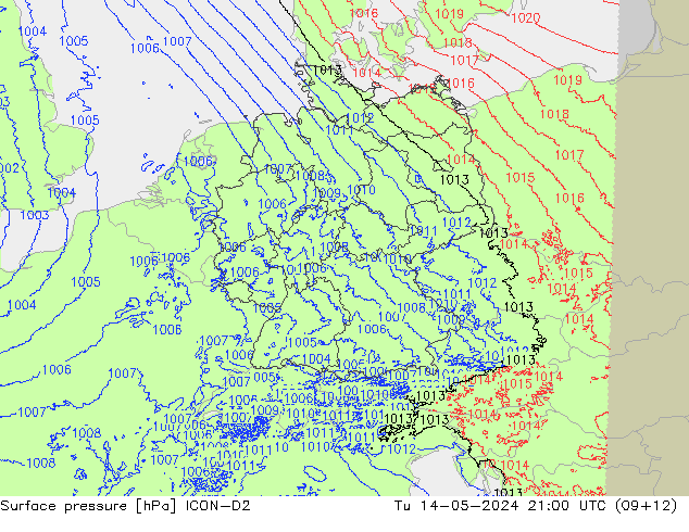 Atmosférický tlak ICON-D2 Út 14.05.2024 21 UTC