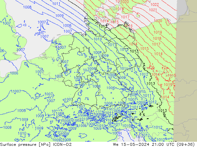 Atmosférický tlak ICON-D2 St 15.05.2024 21 UTC