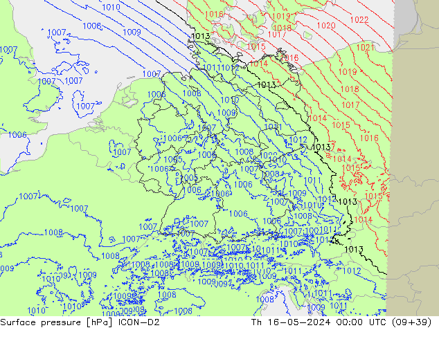 Atmosférický tlak ICON-D2 Čt 16.05.2024 00 UTC