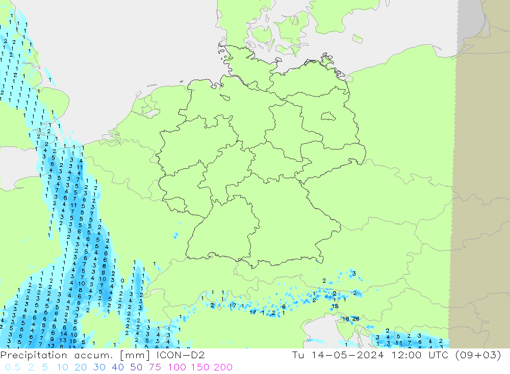 Precipitation accum. ICON-D2 星期二 14.05.2024 12 UTC