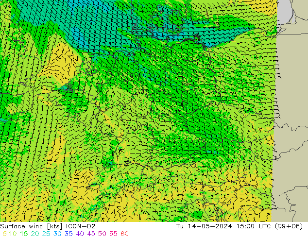 Viento 10 m ICON-D2 mar 14.05.2024 15 UTC