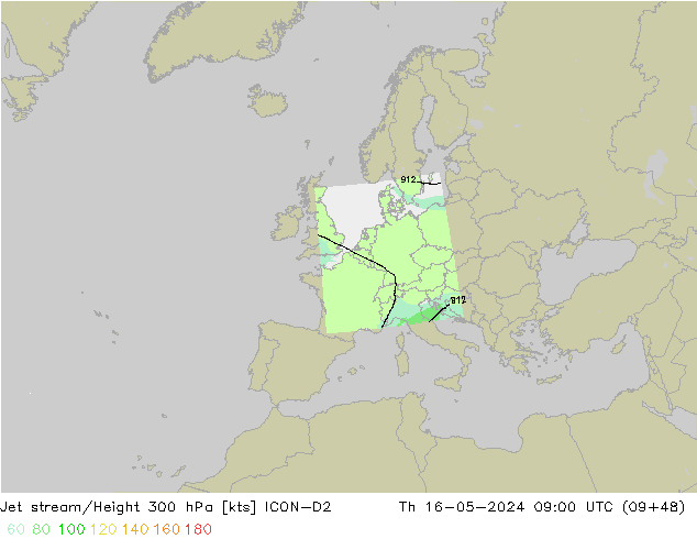 Jet stream/Height 300 hPa ICON-D2 Th 16.05.2024 09 UTC