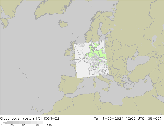 zachmurzenie (suma) ICON-D2 wto. 14.05.2024 12 UTC