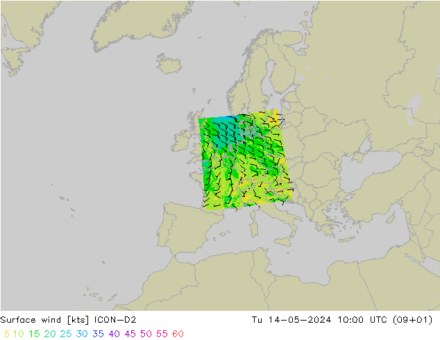 风 10 米 ICON-D2 星期二 14.05.2024 10 UTC
