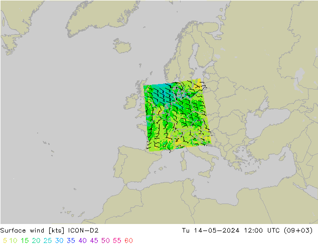 Surface wind ICON-D2 Tu 14.05.2024 12 UTC