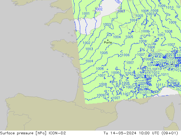 pression de l'air ICON-D2 mar 14.05.2024 10 UTC
