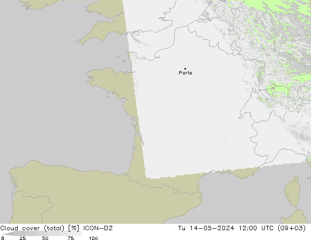 Cloud cover (total) ICON-D2 Tu 14.05.2024 12 UTC