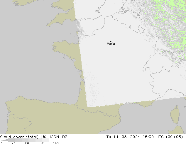 Cloud cover (total) ICON-D2 Tu 14.05.2024 15 UTC