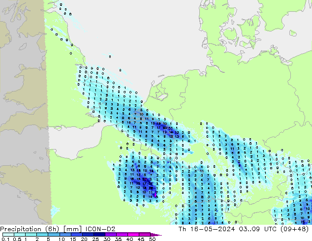 Precipitazione (6h) ICON-D2 gio 16.05.2024 09 UTC