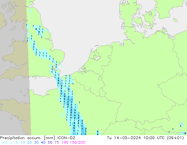 Precipitation accum. ICON-D2 星期二 14.05.2024 10 UTC