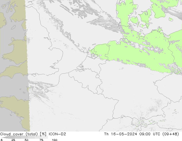 Cloud cover (total) ICON-D2 Th 16.05.2024 09 UTC