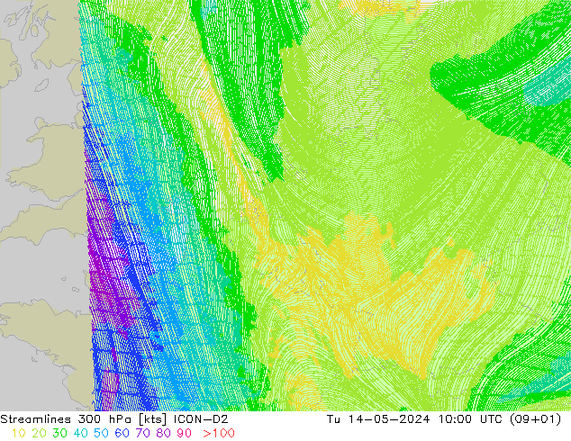 风 300 hPa ICON-D2 星期二 14.05.2024 10 UTC