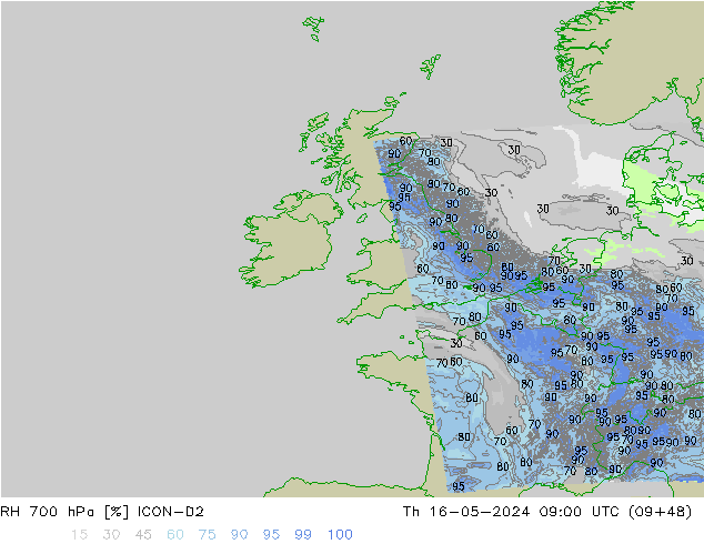 Humidité rel. 700 hPa ICON-D2 jeu 16.05.2024 09 UTC