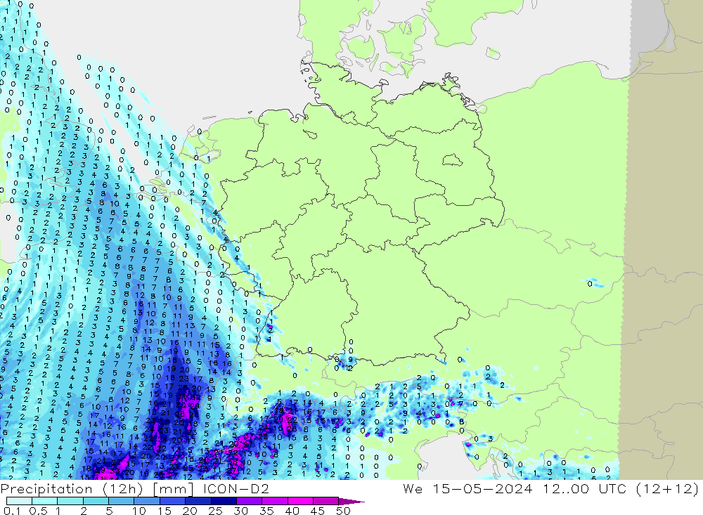 降水量 (12h) ICON-D2 星期三 15.05.2024 00 UTC