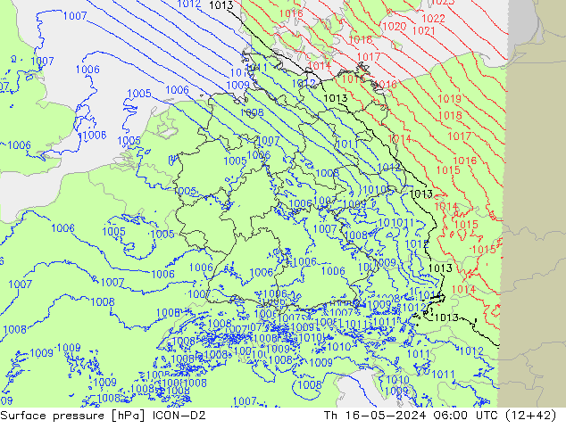 Atmosférický tlak ICON-D2 Čt 16.05.2024 06 UTC