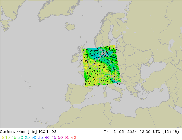 Wind 10 m ICON-D2 do 16.05.2024 12 UTC