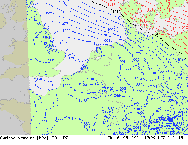 地面气压 ICON-D2 星期四 16.05.2024 12 UTC