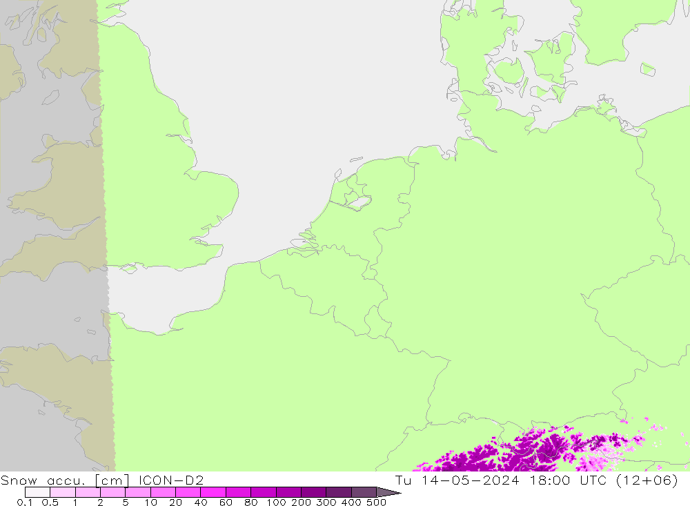 Глубина снега ICON-D2 вт 14.05.2024 18 UTC