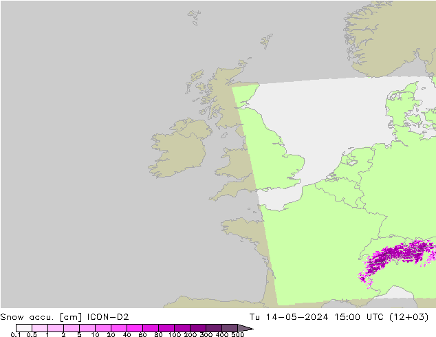 Snow accu. ICON-D2 mar 14.05.2024 15 UTC