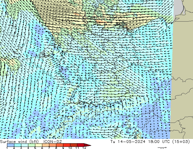 Surface wind (bft) ICON-D2 Tu 14.05.2024 18 UTC