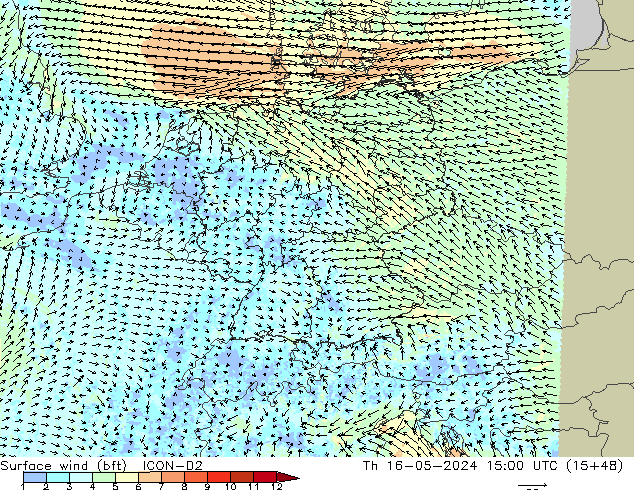 Surface wind (bft) ICON-D2 Čt 16.05.2024 15 UTC