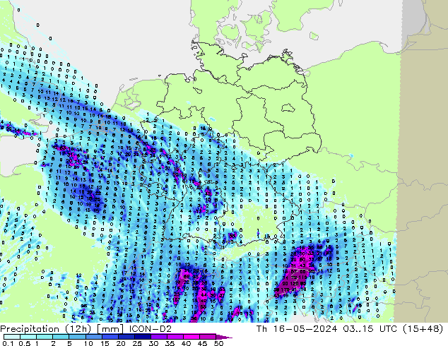 Precipitation (12h) ICON-D2 Čt 16.05.2024 15 UTC