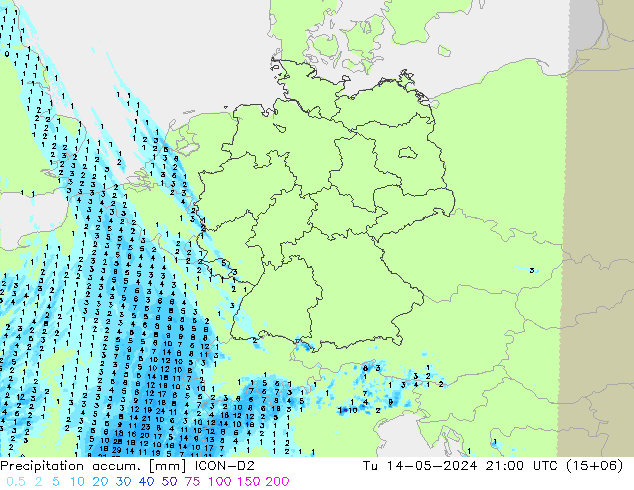 Precipitation accum. ICON-D2 Tu 14.05.2024 21 UTC