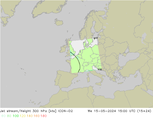 Corriente en chorro ICON-D2 mié 15.05.2024 15 UTC