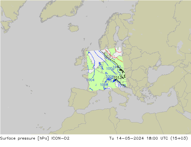 Presión superficial ICON-D2 mar 14.05.2024 18 UTC