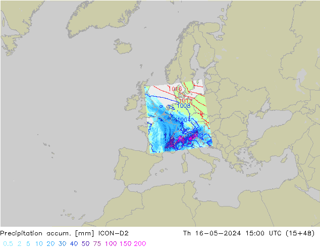 Precipitation accum. ICON-D2 Th 16.05.2024 15 UTC
