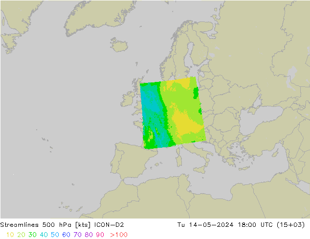 Línea de corriente 500 hPa ICON-D2 mar 14.05.2024 18 UTC