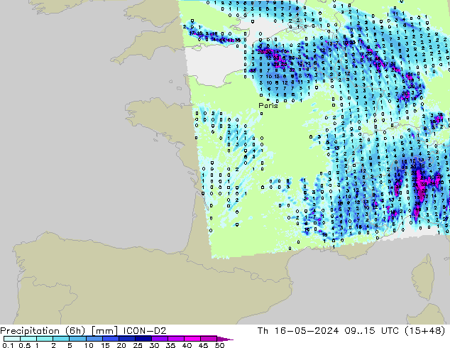 Precipitation (6h) ICON-D2 Th 16.05.2024 15 UTC