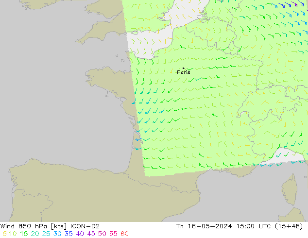 Wind 850 hPa ICON-D2 do 16.05.2024 15 UTC
