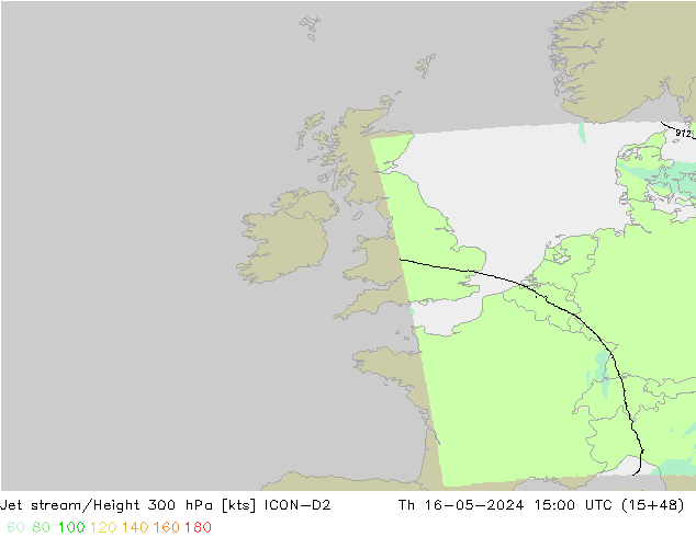 Corriente en chorro ICON-D2 jue 16.05.2024 15 UTC