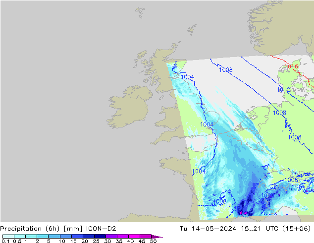 Precipitazione (6h) ICON-D2 mar 14.05.2024 21 UTC