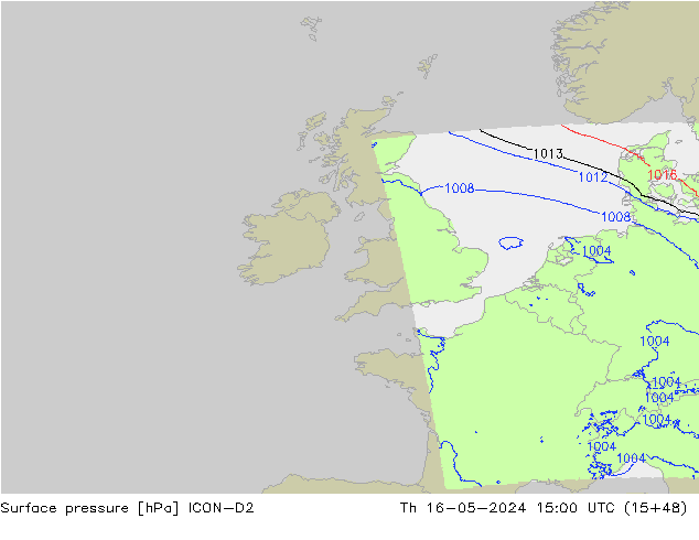 Surface pressure ICON-D2 Th 16.05.2024 15 UTC