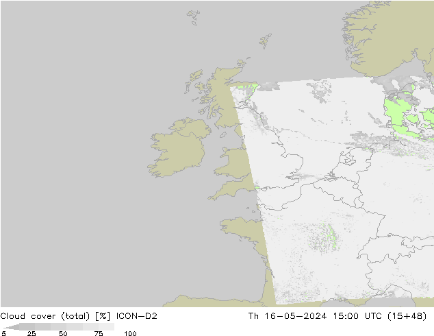 Cloud cover (total) ICON-D2 Th 16.05.2024 15 UTC