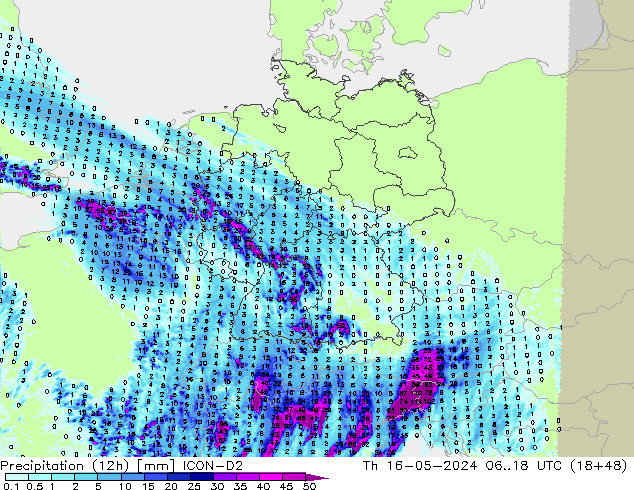 Precipitation (12h) ICON-D2 Čt 16.05.2024 18 UTC
