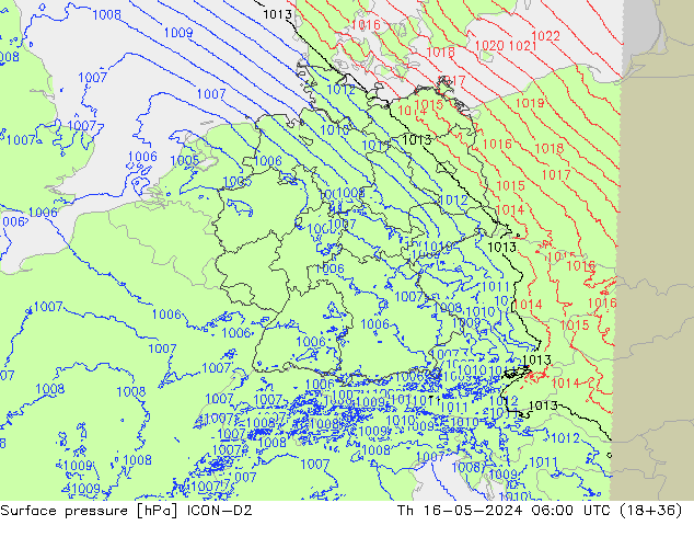 Atmosférický tlak ICON-D2 Čt 16.05.2024 06 UTC