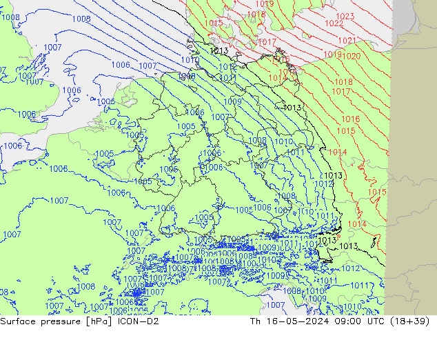 Atmosférický tlak ICON-D2 Čt 16.05.2024 09 UTC