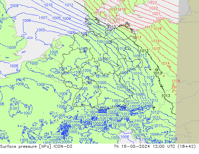 Atmosférický tlak ICON-D2 Čt 16.05.2024 12 UTC
