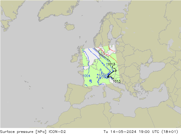 Presión superficial ICON-D2 mar 14.05.2024 19 UTC