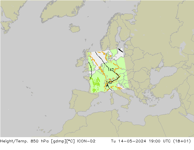 Height/Temp. 850 hPa ICON-D2 Út 14.05.2024 19 UTC