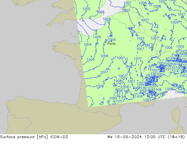 Atmosférický tlak ICON-D2 St 15.05.2024 12 UTC