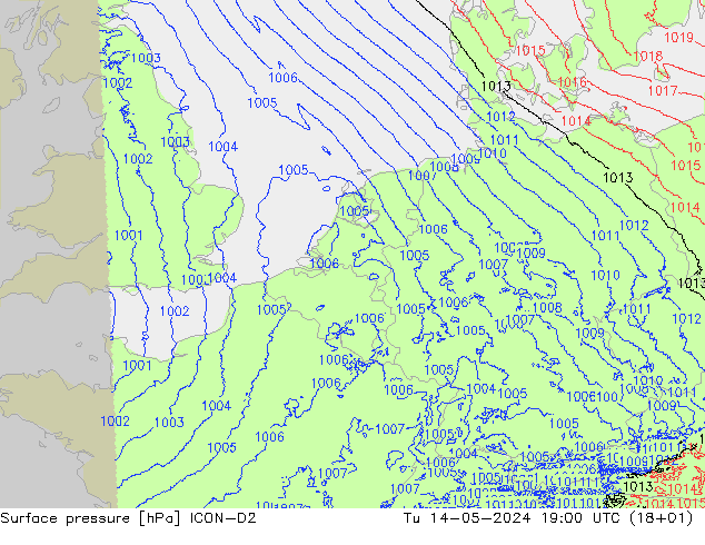 地面气压 ICON-D2 星期二 14.05.2024 19 UTC